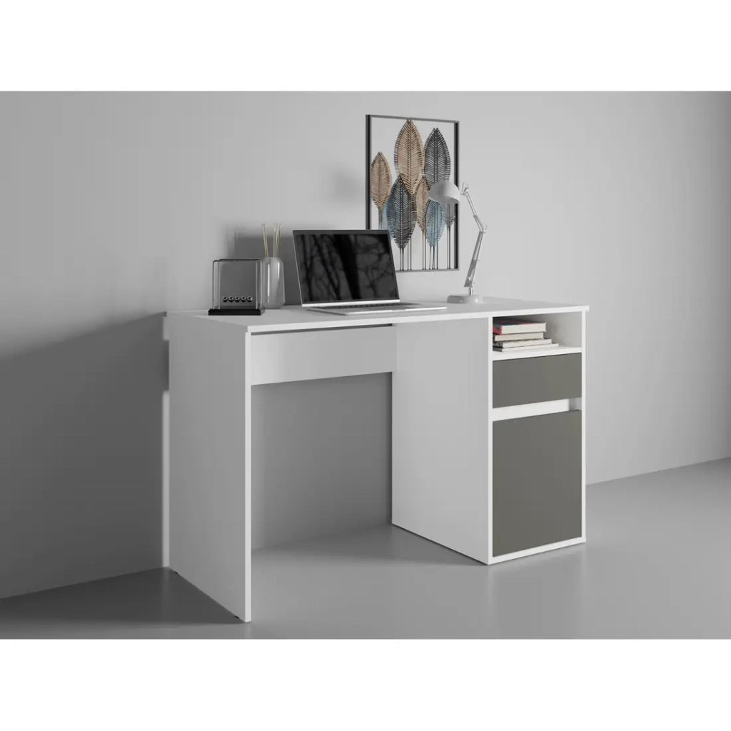 Scrivania BILOU bianca con cassetto e porta grigio antracite – Design minimalista e moderno per bambini
