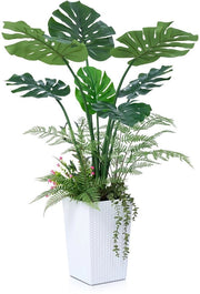 Monstera Kunstboom 120cm - Grande Pianta d'Arte con Vaso a Coperchio Bianco, Pianta Decorativa per Bagno, Ufficio, Balcone - Pianta d'Arte Reale, UV-resistente, per Interno ed Esterno, VN150