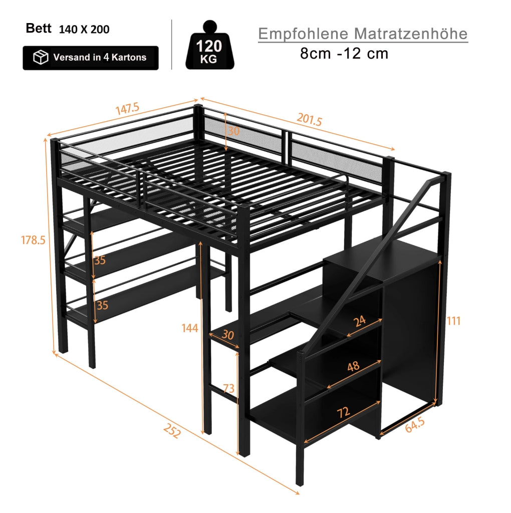 Letto alto modulare 140 x 200 cm con scrivania; armadio e scala contenitore; metallo nero