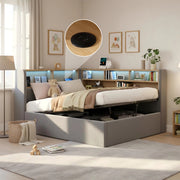 Letto con contenitore idraulico, imbottito in velluto grigio, con LED, USB e Type-C, struttura integrata, senza materasso