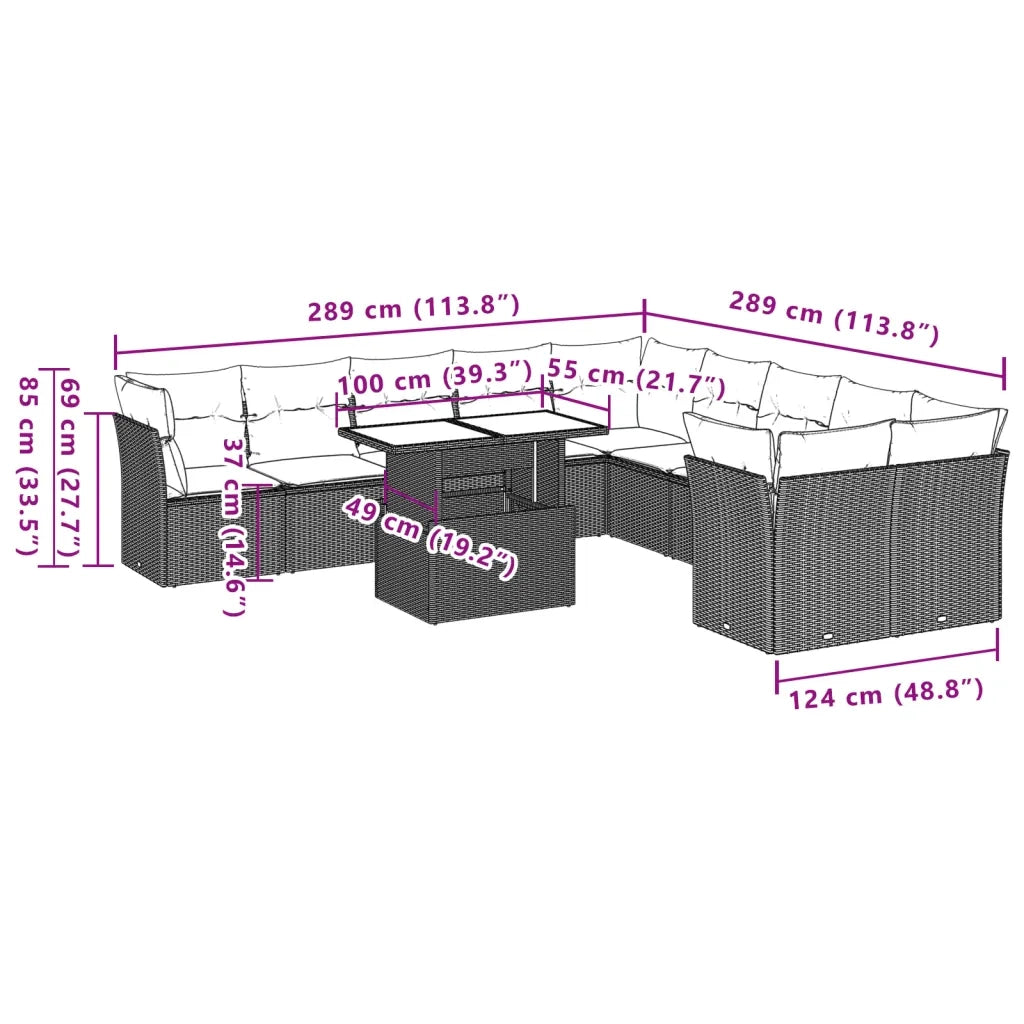 Set Divani da Giardino 11 pz con Cuscini in Polyrattan Grigio