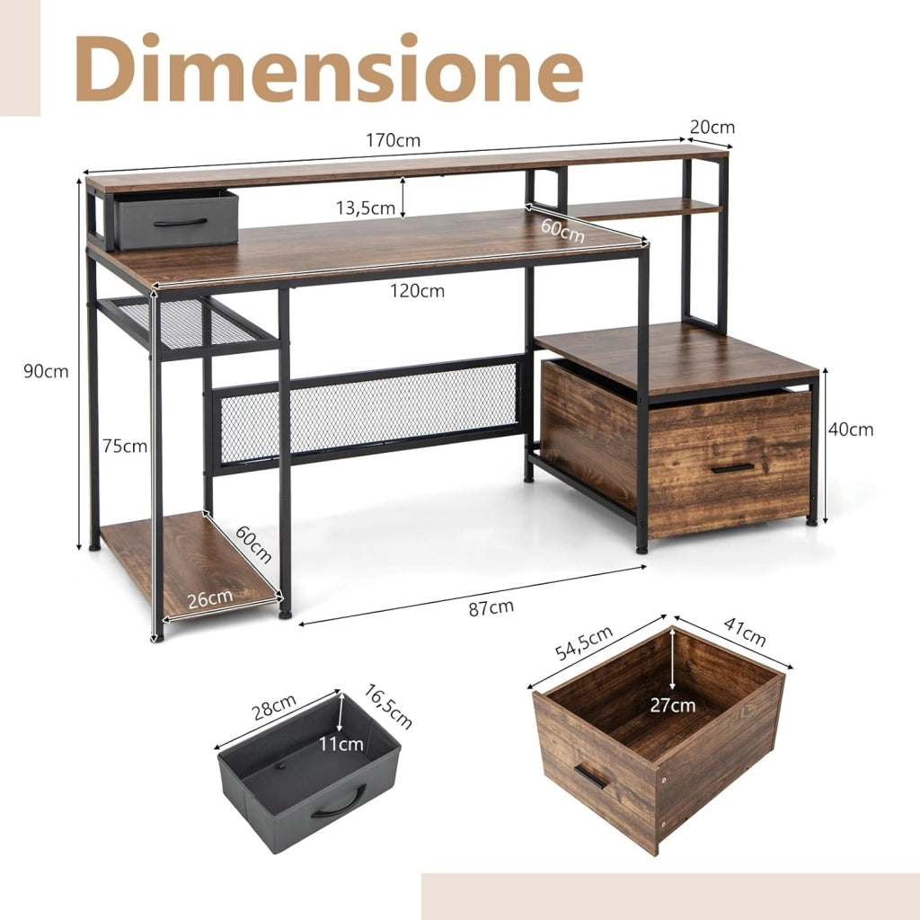 Scrivania per Computer da 170 CM, Scrivania con Supporto per Monitor e Cassetto, Prese di Corrente, Porte USB e Ripiani di Archiviazione, Scrivania per Ufficio e Casa