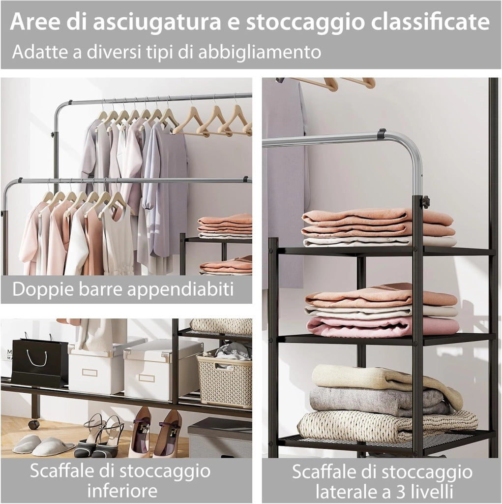 Stand Appendiabiti a Doppia Asta, con Barre Appendiabiti Regolabili in Altezza, Ripiani per Riporre e Ruote Bloccabili, Appendiabiti in Acciaio per Uso Interno ed Esterno(Nero+Argento)