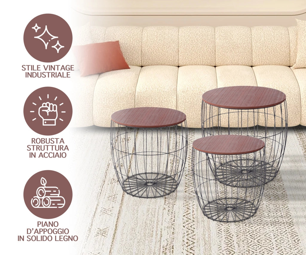 Set 3 Tavolini Da Salotto Sovrapponibili Rotondi Design Moderno Tavolino Da Caffè Estraibili Mobile Soggiorno Tavolo Divano Top In Legno Struttura In Acciaio Stile Industrial Vano Porta Oggetti  - Marrone - Modello 1