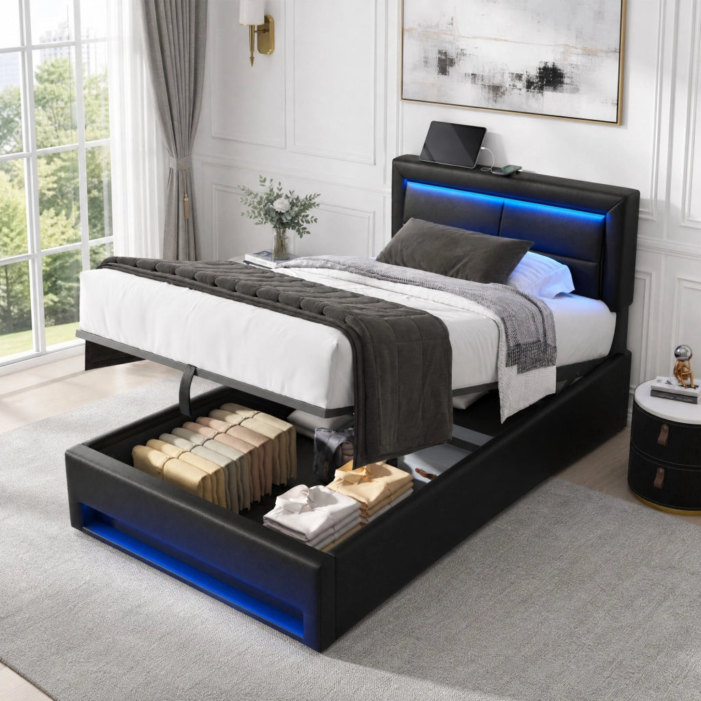 Letto imbottito 90 x 200 cm con LED, USB e vano contenitore
