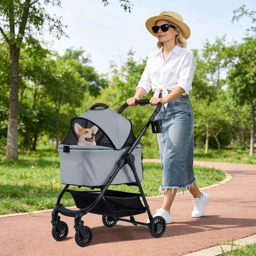 Passeggino animali domestici 3-in-1 portaprotetto tetto rete, Passeggino animali cesto portaoggetti sicurezza Grigio