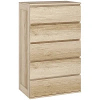 Comò 5 Cassetti, Mobile da Archiviazione dal Design Minimalista, Senza Maniglie, 60 x 38 x 100 cm, Legno Naturale