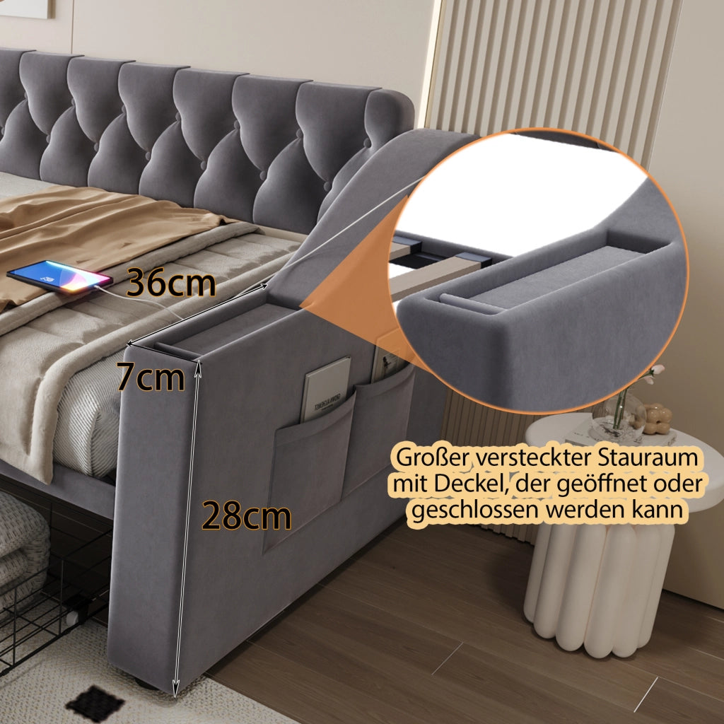 OKWISH Letto Divano 90×190 cm, Letto Singolo con 2 Cassetti, USB, Tipo-C e Vani Contenitore nei Braccioli, senza Materasso, Grigio