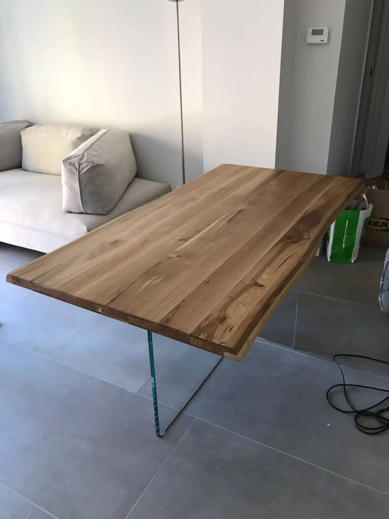 Tavolo fisso in legno rovere massello 180x90  spessore 4 cm e gambe in vetro (810) - Mobili 2G