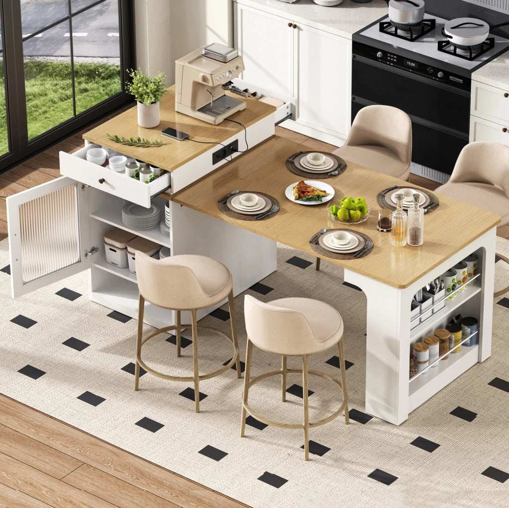Tavolo allungabile 80x71~111~151x92 cm con prese integrate; MDF e vetro; bianco e naturale