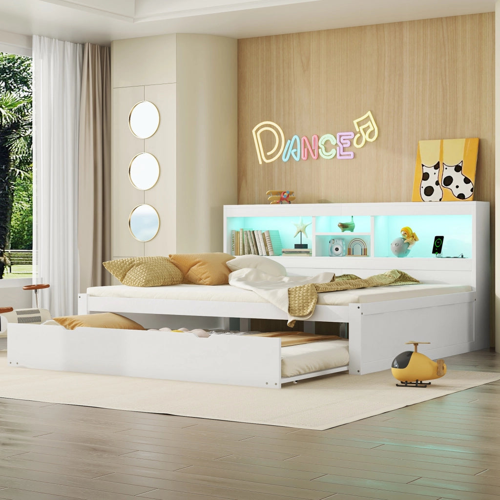 OKWISH Letto Divano 140×200 cm, Letto Matrimoniale con LED Regolabile, Letto Estraibile, USB e Presa, senza Materasso, Bianco