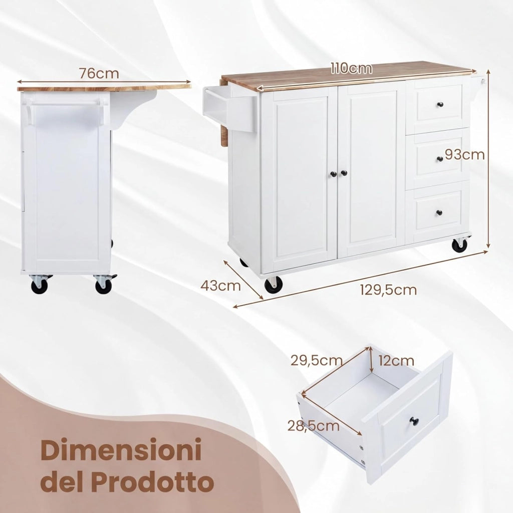Carrello da Cucina in Legno, Carrello Isola Cucina con Ripiano Ribaltabile, Ruote, 3 Cassetti e Armadietto, Porta Spezie e Asciugamani, 129,5x76x93 cm