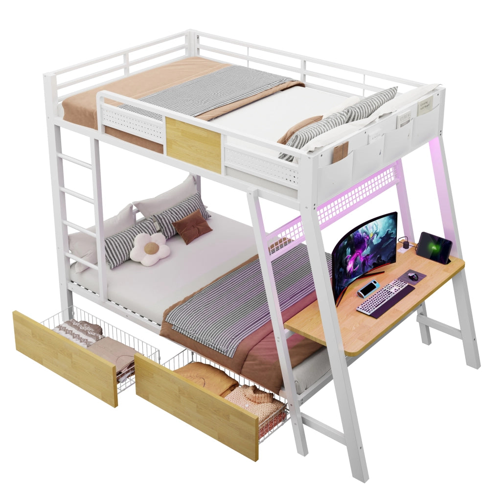 Letto a castello in metallo 90x200 cm con scrivania integrata, luci LED, contenimento e struttura salvaspazio, bianco