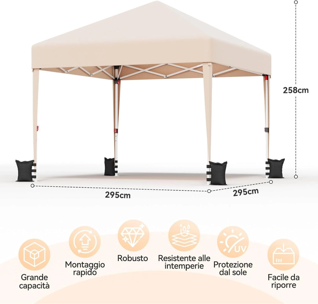 Gazebo 3x3 Pieghevole Impermeabile UPF50+, 3 Altezze Regolabili, Gazebo da Giardino Tende per 8-10 Persone, Gazebo Pieghevole con Borsa da Trasporto, per Giardini, Mercati, Feste, Beige
