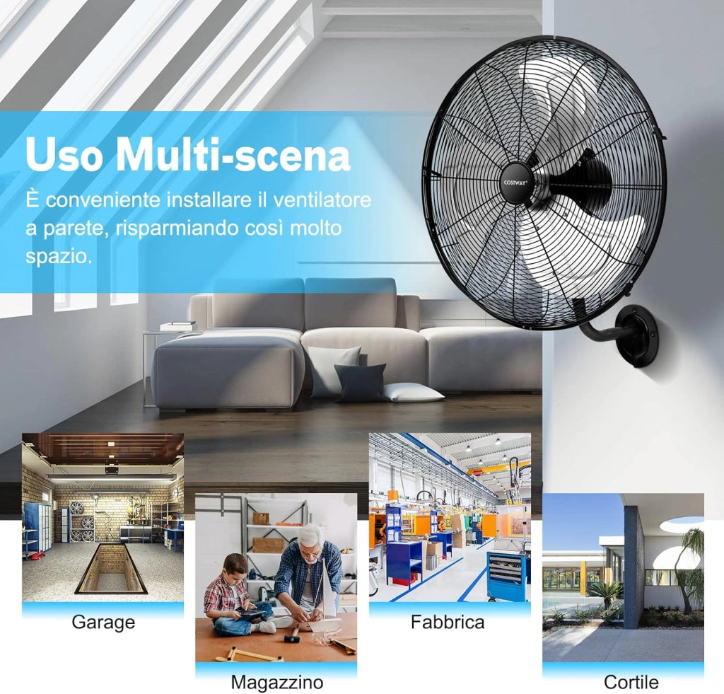 Ventilatore da Parete Girevole a 3 Velocità, Industriale e Silenzioso ad Alta Velocità con Pale in Alluminio, Potenza 120W, Diametro 51 cm (Nero)