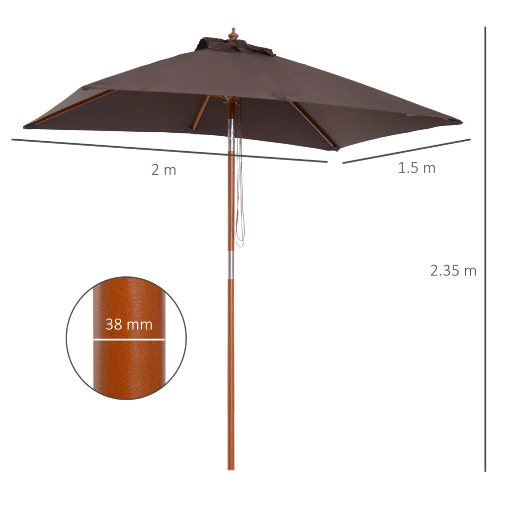 Ombrellone da Giardino Rettangolare Inclinabile 200x150x235H cm Apertura a Corda Caffè