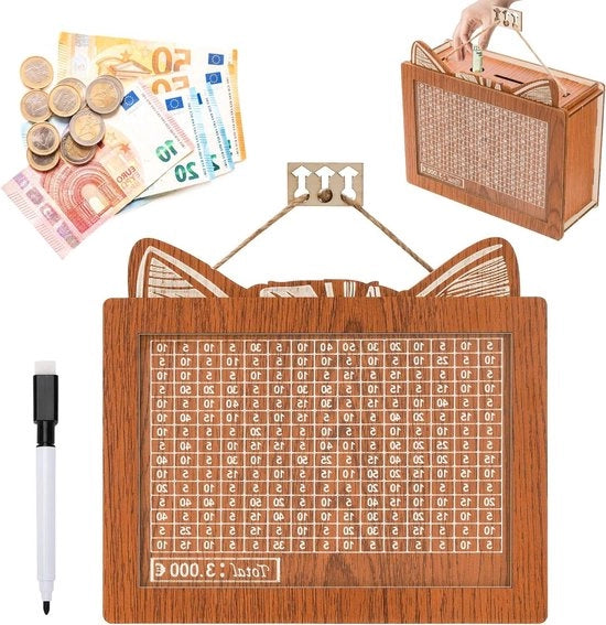 Cassa di Risparmio - Cassetto di Risparmio in Legno con Numeri - Pannello Acrilico Riciclabile - Cassaforte con Obiettivo di Risparmio - Cassa di Risparmio per Bambini - Obiettivo di Risparmio (€ 5000)