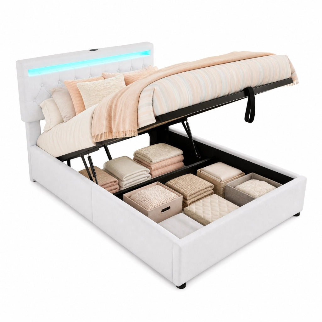Letto imbottito 140x200 cm con contenitore; LED e porte USB/Type-C; bianco