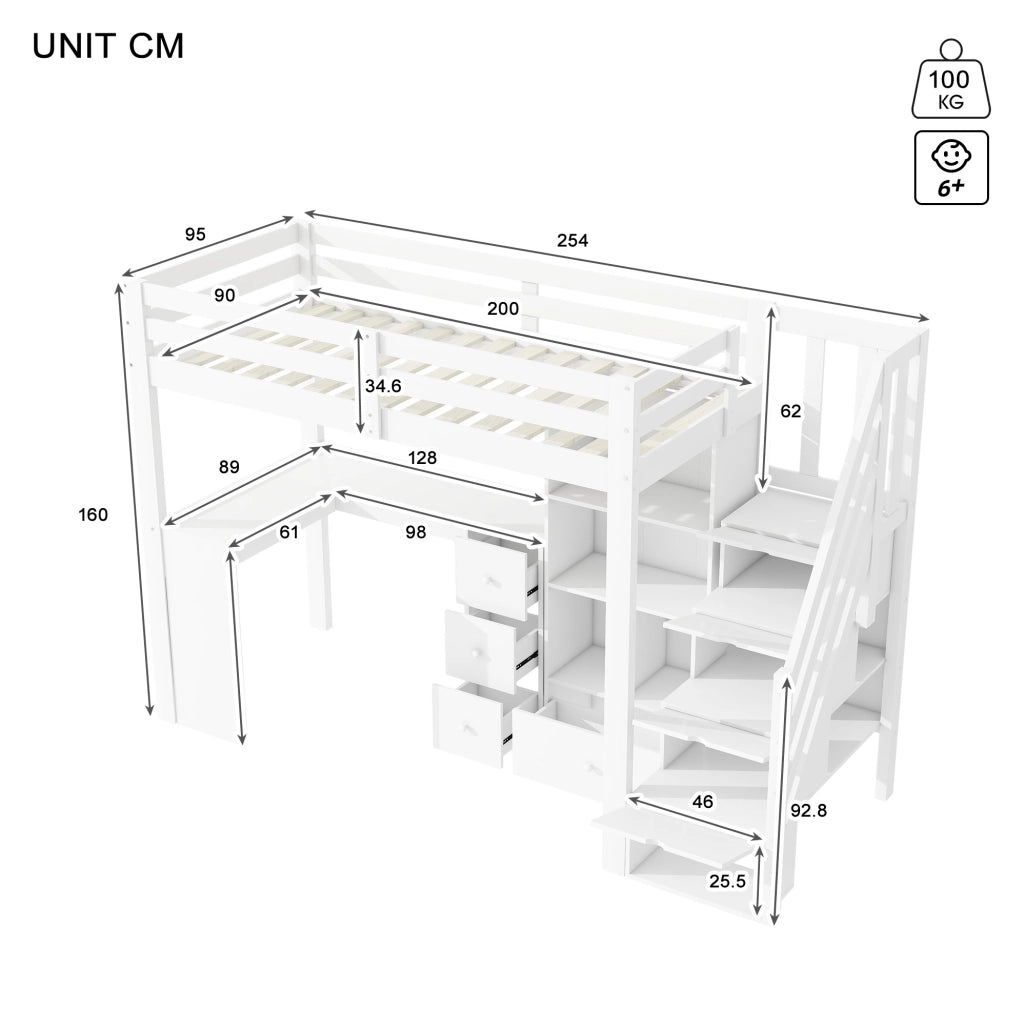 Letto a soppalco per bambini 90x200 cm con scrivania; cassetti e scala contenitore; bianco