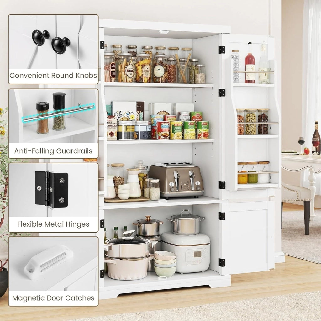 Mobiletto Multiuso con 4 Ante in Legno, Credenza Cucina Salvaspazio con 2 Ripiani Regolabili e 1 Armadio, Mobile Buffet per Sala da Pranzo, Soggiorno, 76,5 x 40 x 139 cm, Bianco(In 2 Pacchi)