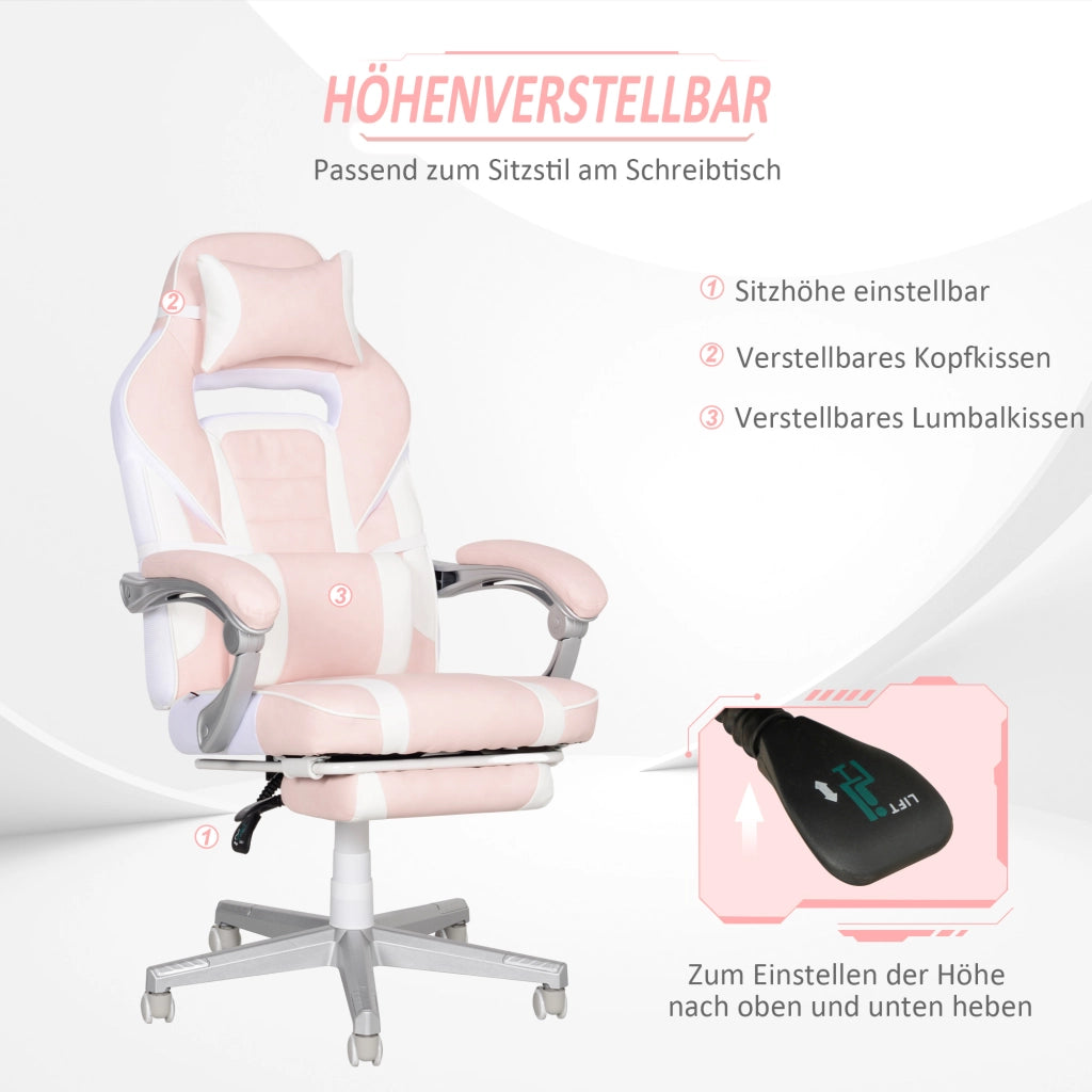 Sedia da gaming girevole con poggiapiedi e schienale reclinabile con cuscini lombare e cervicale in similpelle rosa