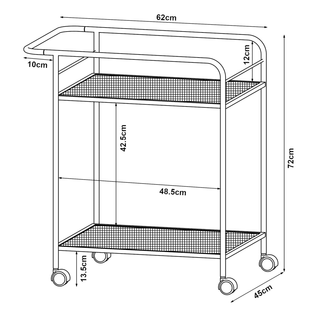 Carrello di servizio mobile contenitore per cucina/soggiorno Hole con 2 ripiani 72 x 62 x 45 cm metallo nero 03_0009223