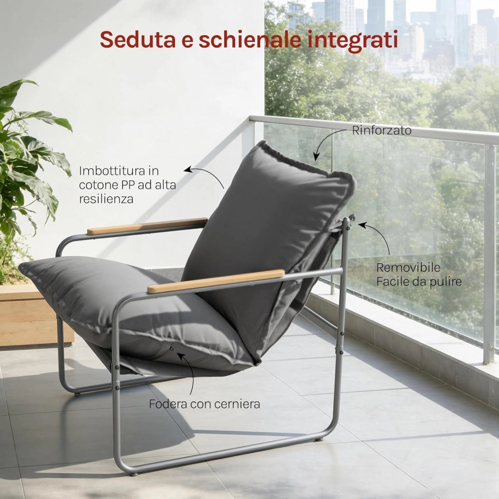 Set 3 Pezzi Salotto da Giardino per 2 Persone, Mobili da Esterno con 1 Tavolino e 2 Sedie con Cuscini Rimovibili, per Giardino, Terrazza e Balcone, in Metallo, Grigio