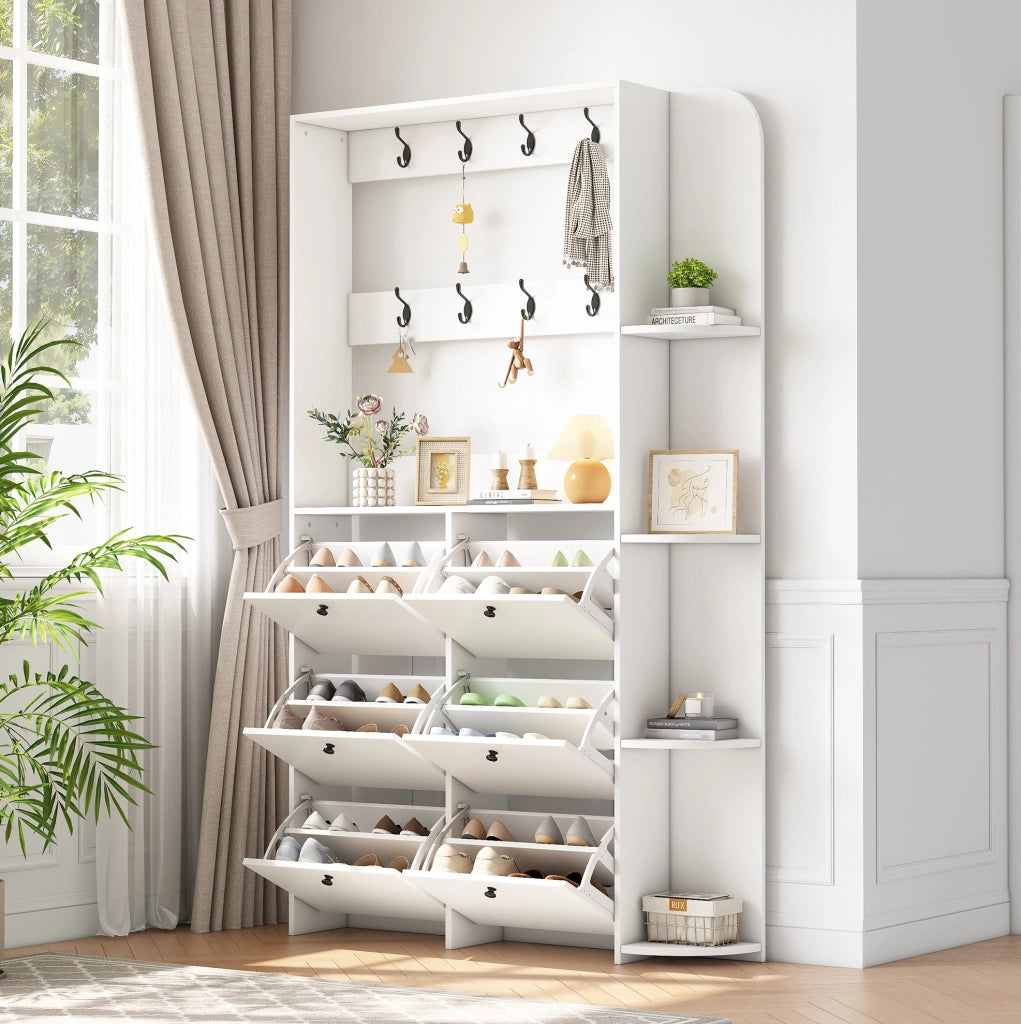 Garderoba ingresso con scarpiera ribaltabile; 8 ganci e 5 ripiani; 120 x 24 x 200 cm; bianco