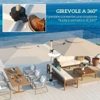 Ombrellone a Braccio Inclinabile con Base a Croce, in Poliestere, Alluminio e Metallo, 295x295x260 cm, Cachi