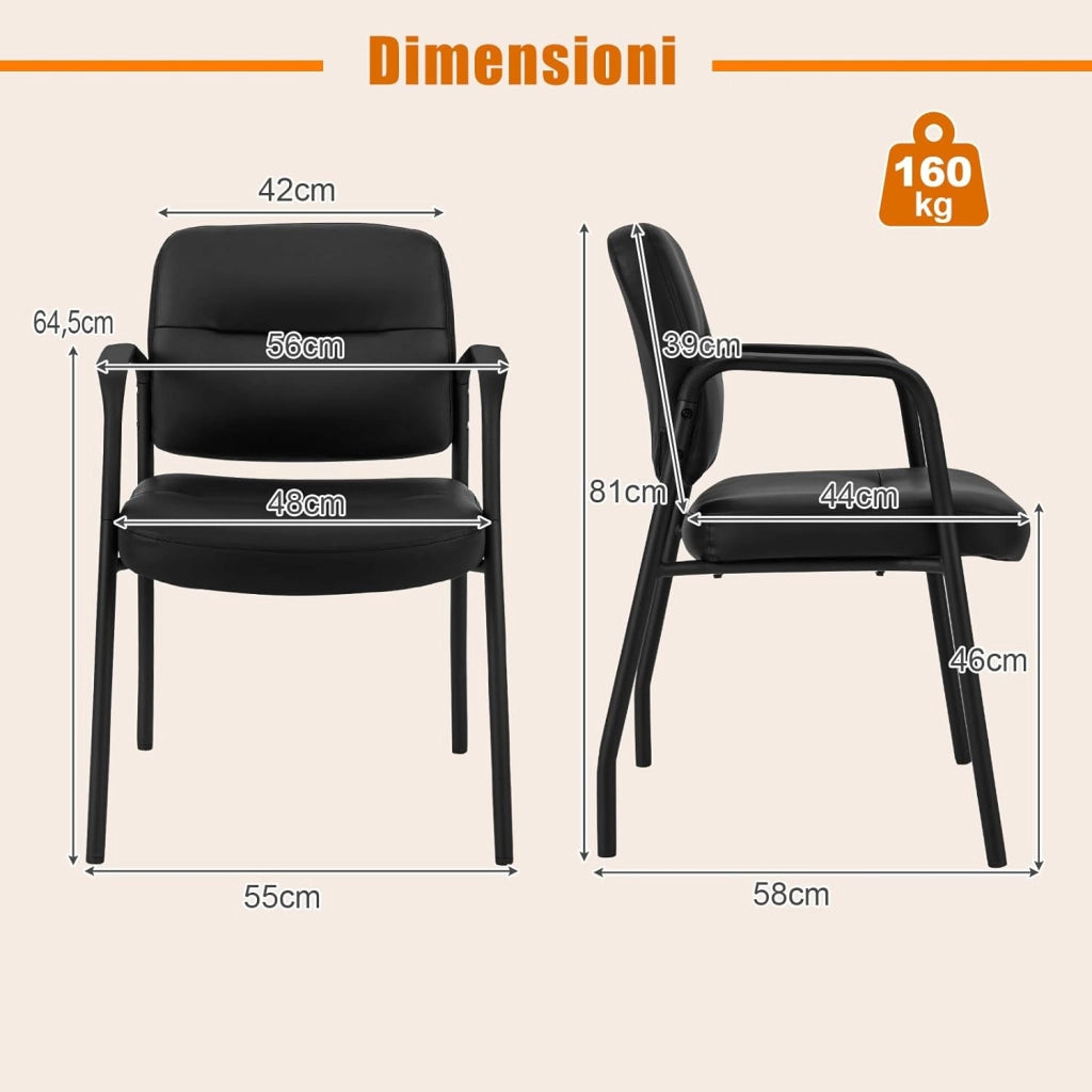 Set di 2 Sedie da Sala d'Attesa Imbottite, Sedie da Conferenza con Braccioli, con Gambe in Metallo, Sedie da Ufficio Portata 160 kg, 58 x 56 x 81 cm