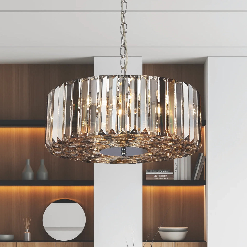 Lampadario Contemporaneo Chapeau Acciaio Cromo Vetro Ambra 5 Luci E27