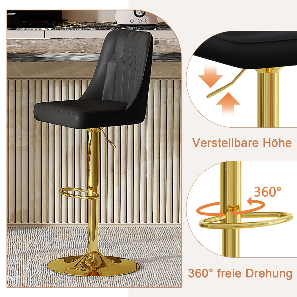 Sgabello da bar 2 pezzi girevole 360° con altezza regolabile e seduta imbottita in PU nero e metallo oro