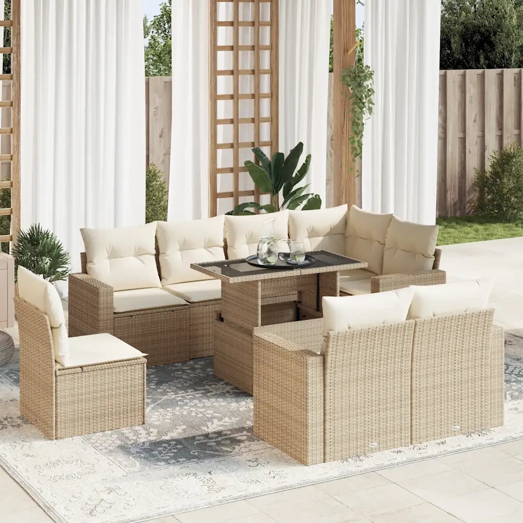 Set Divano da Giardino 9 pz con Cuscini Beige in Polyrattan 3326339