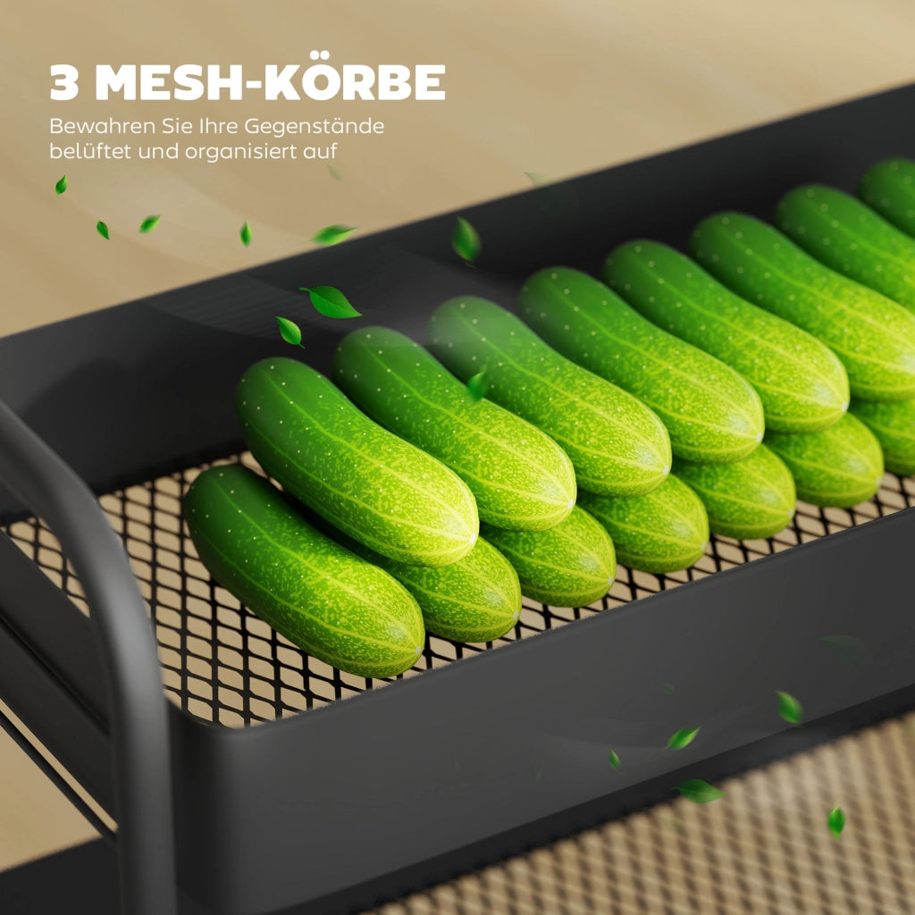 Carrello per Cucina con 3 Cestelli e 4 Ruote ¨C zephmum ¨C Nero, Metallo