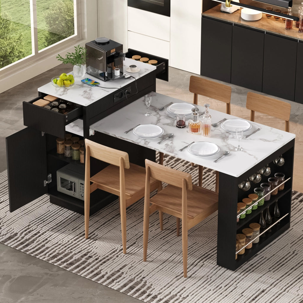 Tavolo da pranzo con LED; presa USB; ripiani e cassetti - per cucina e soggiorno - in MDF - nero