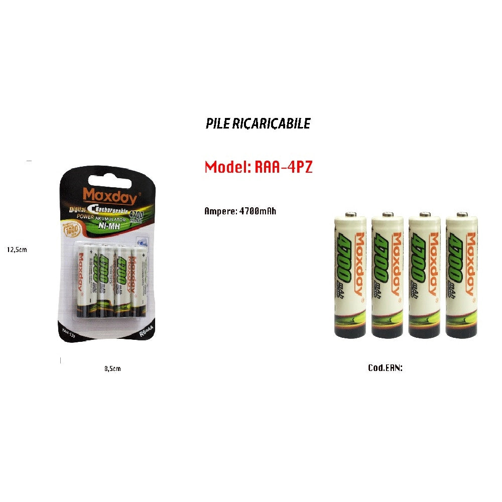 Trade Shop - 4 Pezzi Pile Aa Batterie Ricaricabili Stilo Da 4700 Mah Batteria Universali Pila -