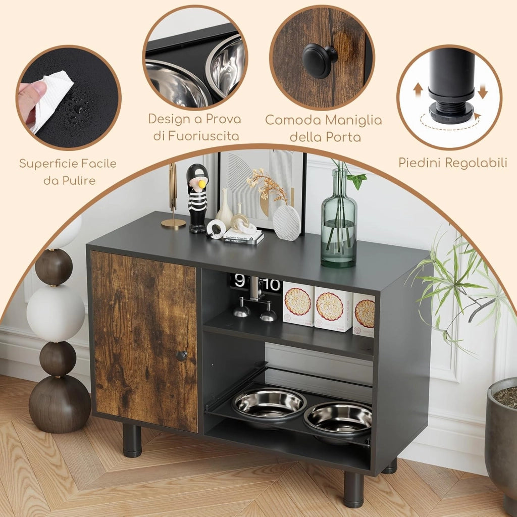 Ciotola per Cani Antigoccia 82 x 35 x 60cm, Armadietto per Animali con 2 Ciotole Rialzate in Acciaio Inox e Scaffale, Stazione di Alimentazione per Forniture di Cibo e Acqua, Marrone