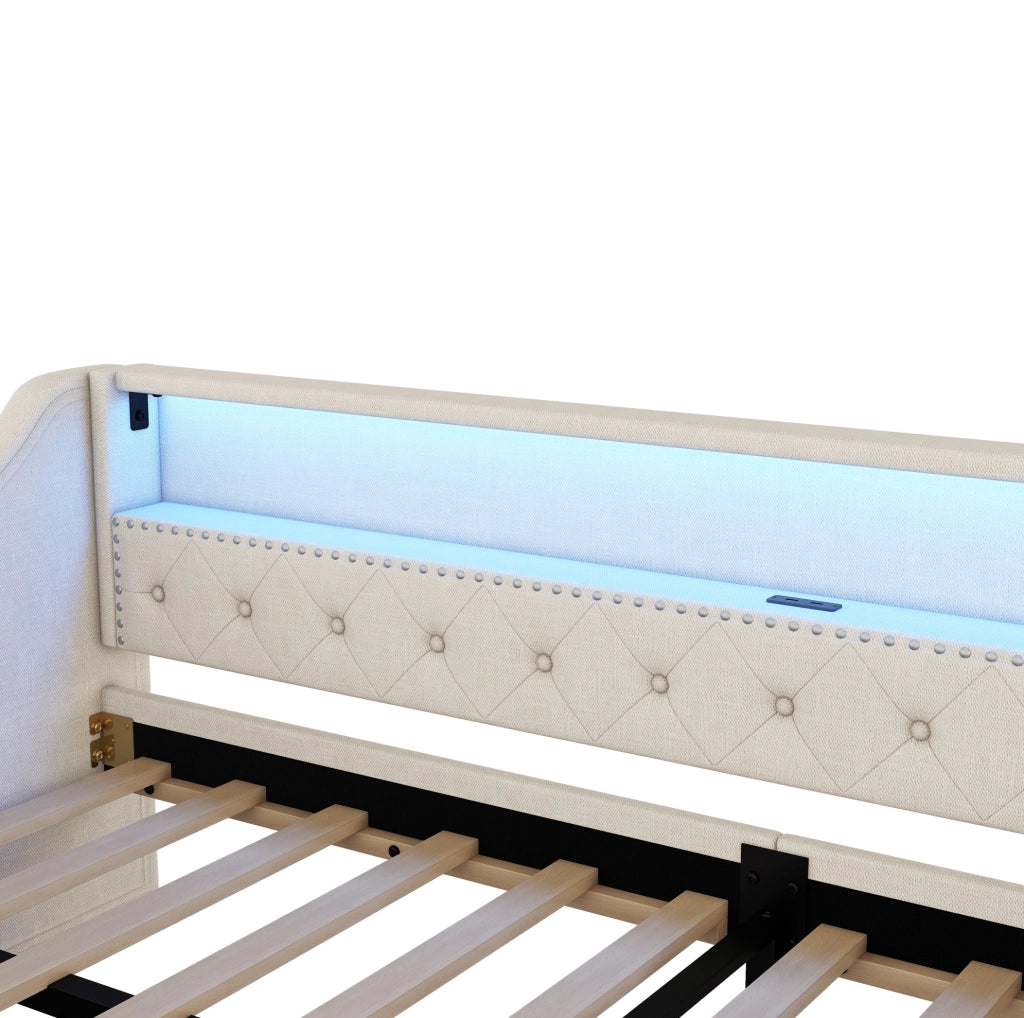 Daybed 90x200 cm con luci LED; USB e 2 cassetti; lino beige