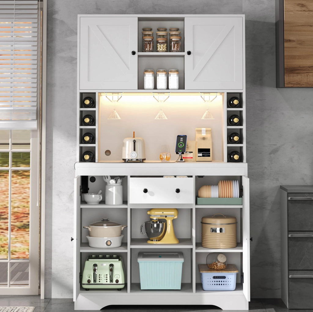 Credenza alta 105x39x180 cm in MDF bianco con LED e prese