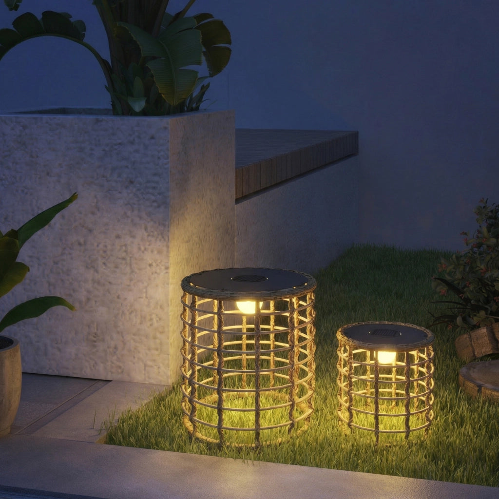 Lampada da Giardino Solare 2 Pezzi Rattan con Sensore Luce LED ¨C zephmum ¨C Grigio 2xIP44