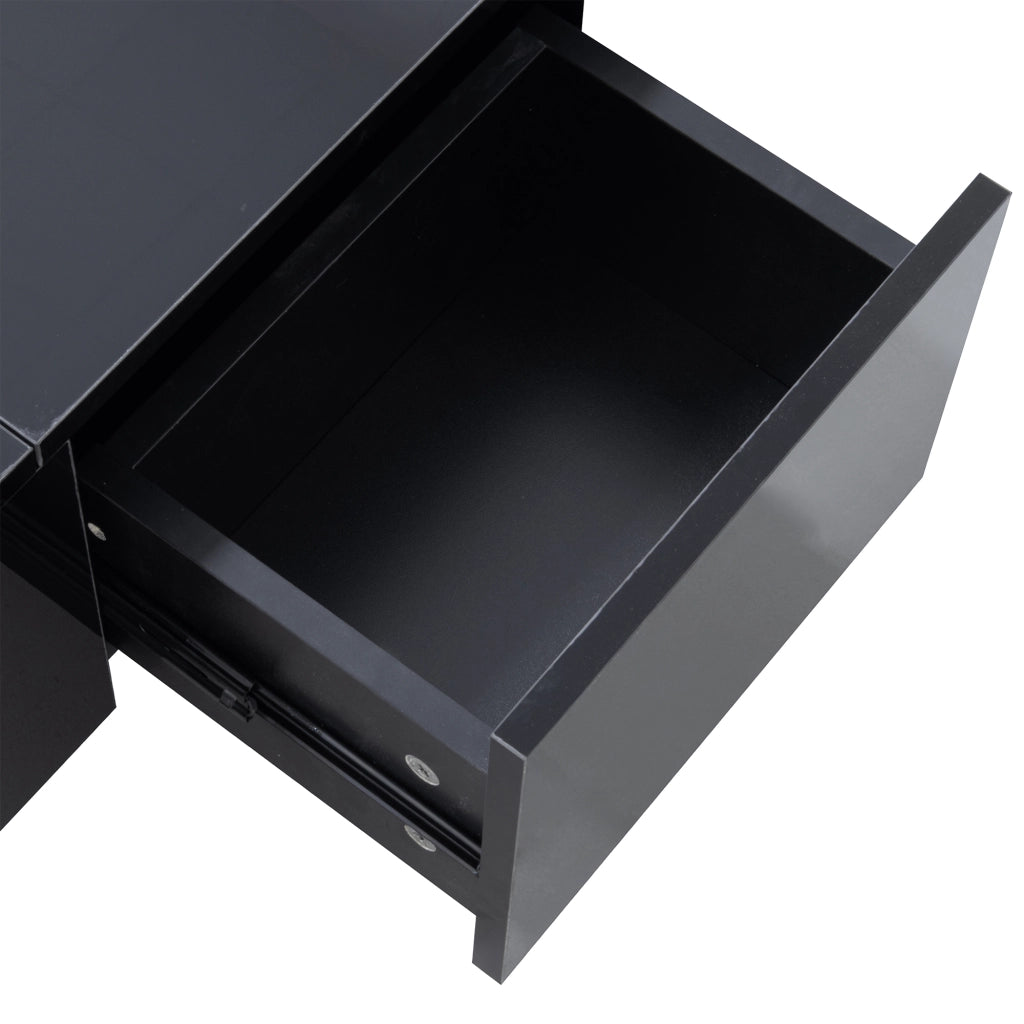 Tavolino da salotto 100x31x50 cm; piano lucido parziale con 2 cassetti; pannello truciolare nero