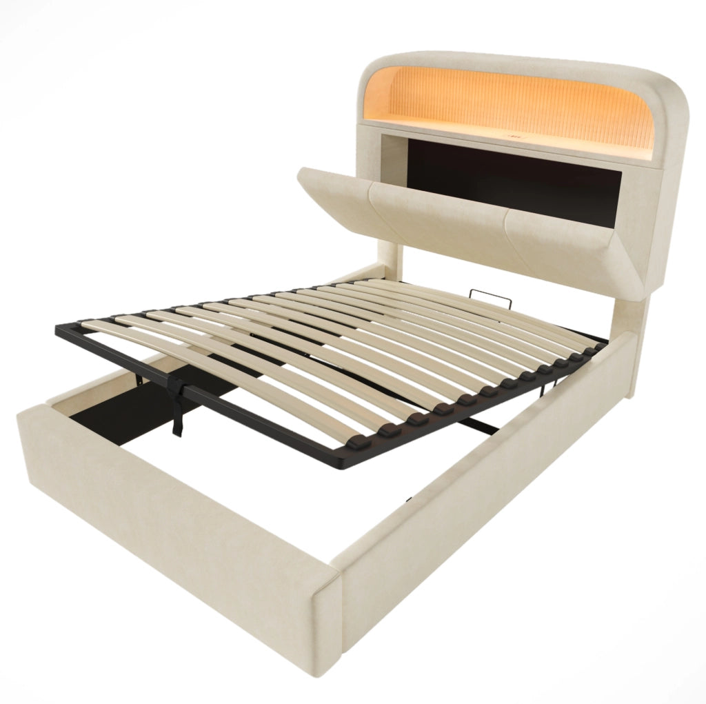 Letto singolo 90x200 cm con contenitore; testiera regolabile; LED e porta USB C; velluto beige
