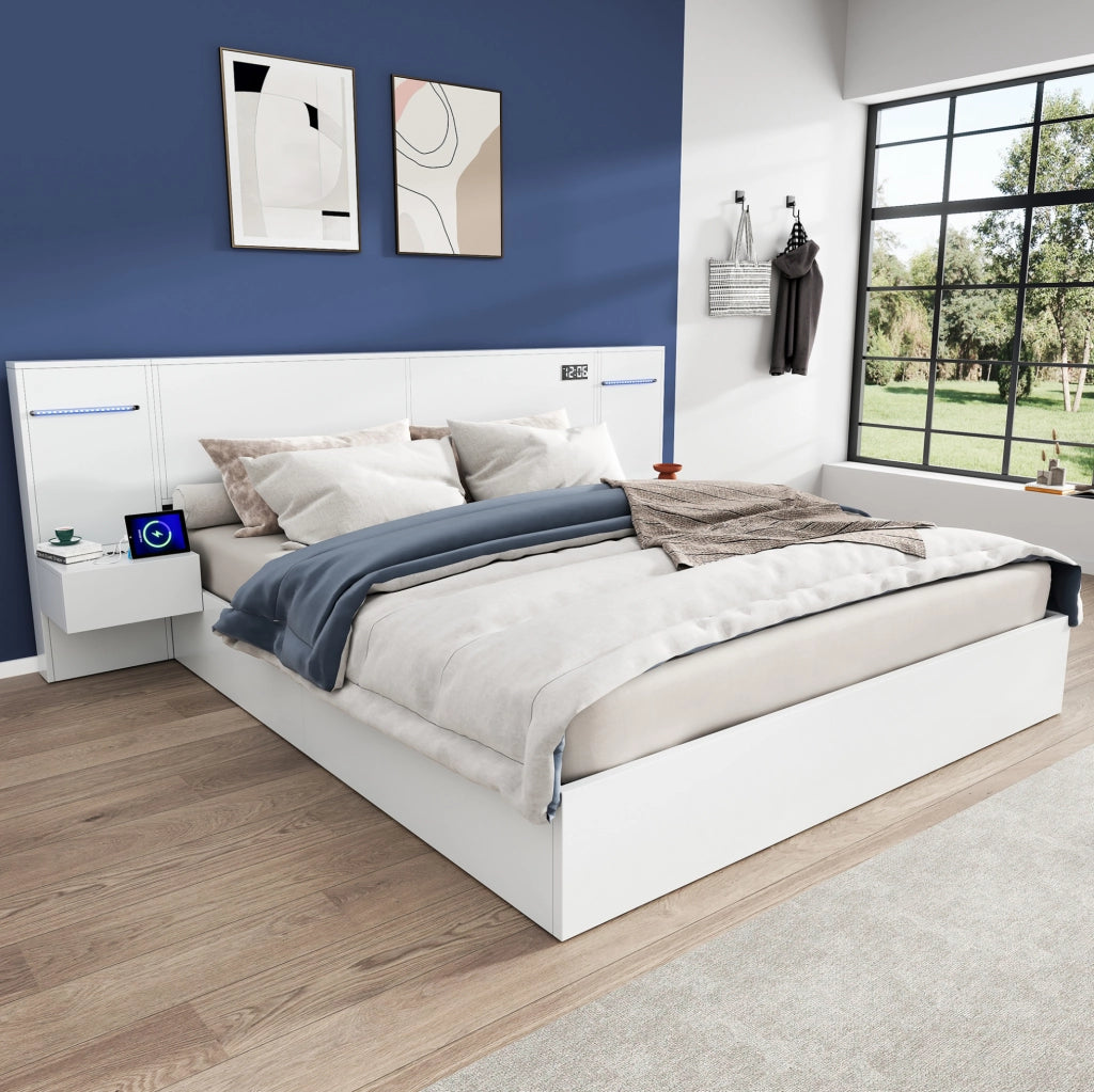 Letto matrimoniale 180x200 cm in MDF con USB-A/C; Bluetooth; luce colorata e 2 comodini; bianco