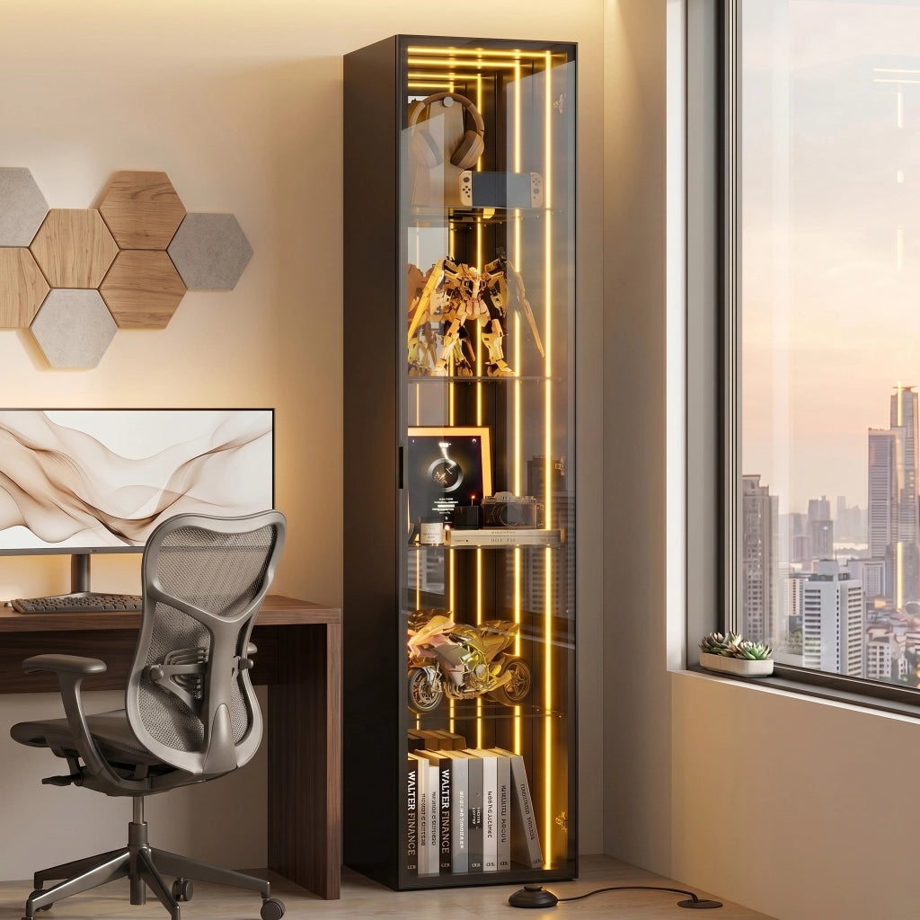 Vetrina in vetro temperato 30 x 30 x 160 cm con telaio in alluminio, 5 ripiani, LED perimetrale e chiusura soft-close, nero