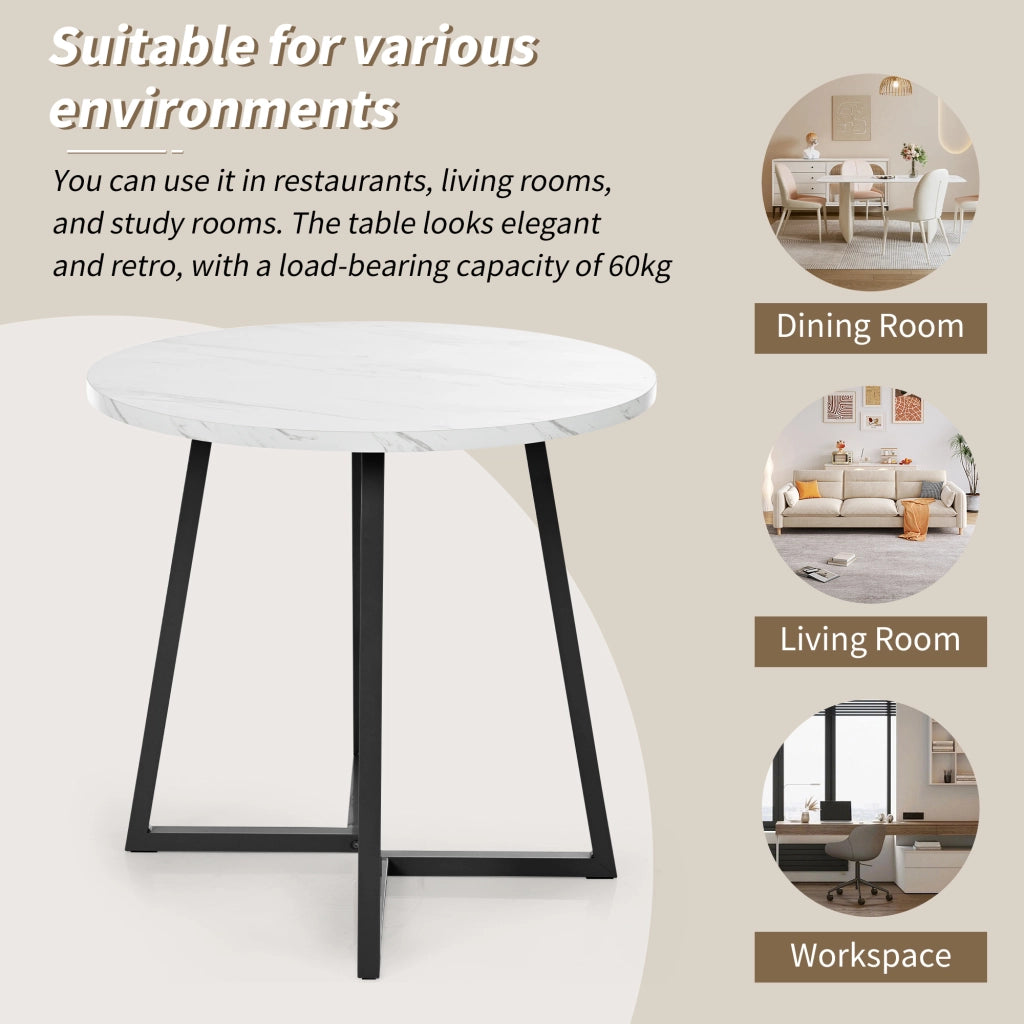 Tavolo da pranzo rotondo in MDF con piano effetto marmo e gambe in metallo per cucina e soggiorno bianco diametro 80 cm