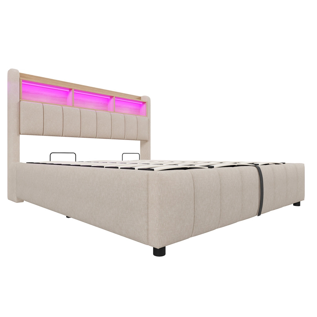 DESMIU Lit adulto 180 × 200 cm con LED, USB e Type-C, contenitore idraulico, senza materasso, beige