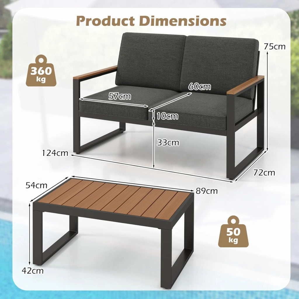 Set di mobili da giardino da balcone, resistente alle intemperie, con telaio in alluminio, set da 2 posti, divano e tavolino da caffè, con cuscino, set da balcone per 2 persone, set da
