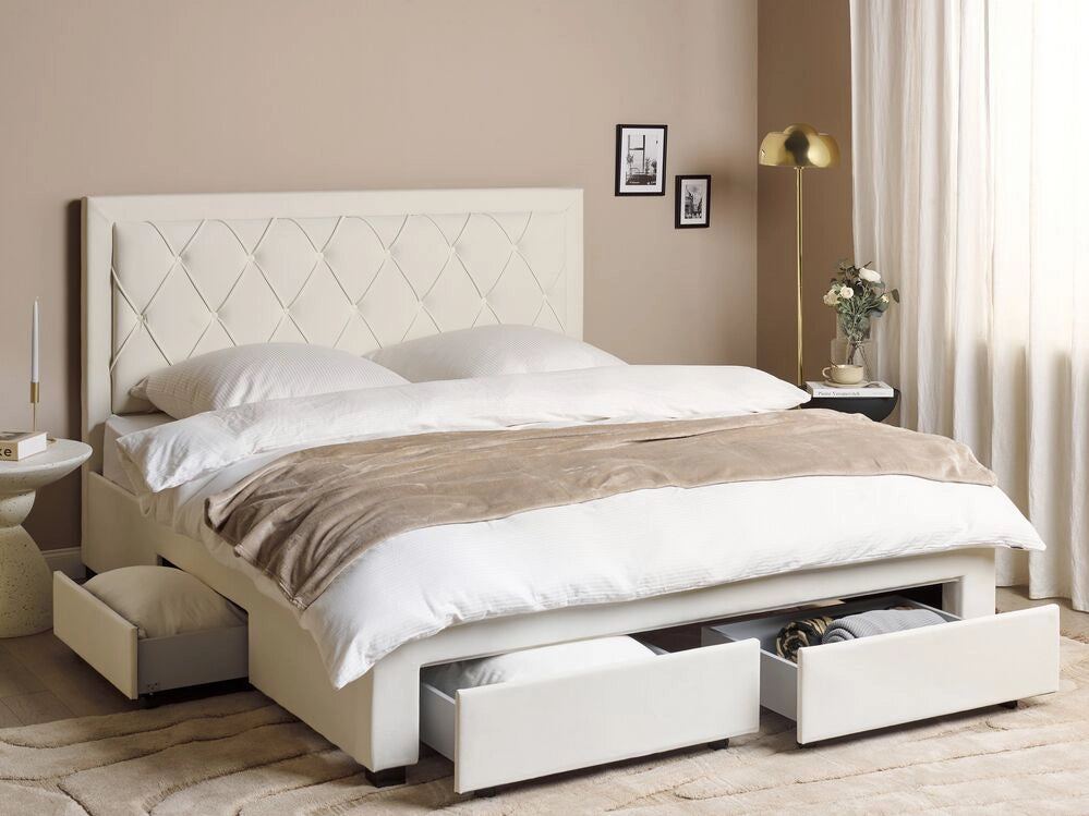 Letto matrimoniale contenitore tappezzeria in velluto beige 180 x 200 cm trapuntato testiera alta cassetti Glam Design