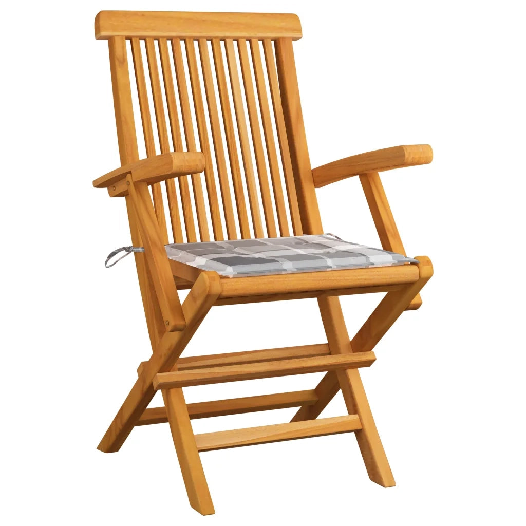 Sedie da Giardino Cuscini Grigi a Quadri 4 pz Massello di Teak 3062582