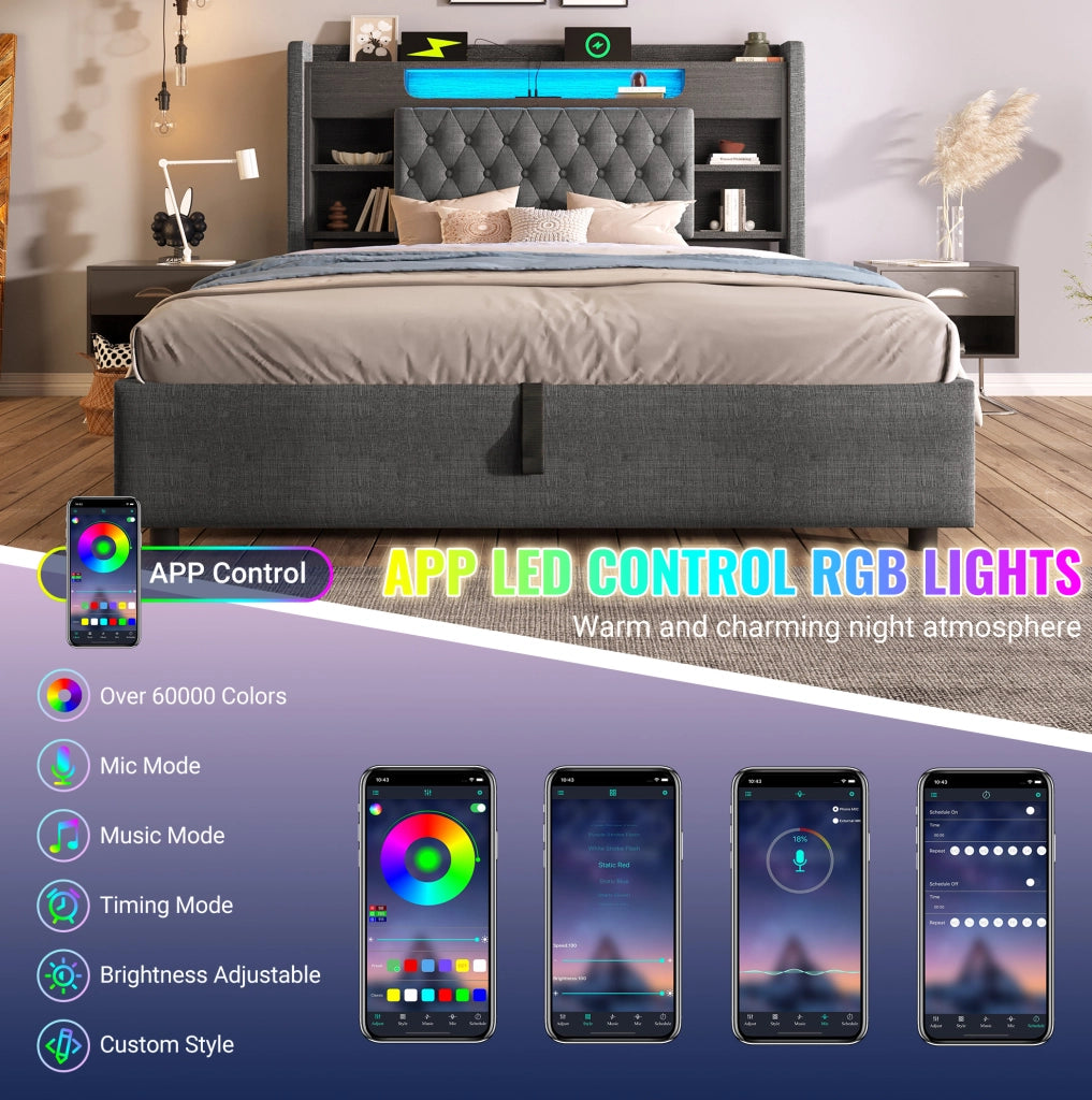 Letto imbottito ULEVR 140x200 cm con contenitore idraulico, LED, USB e Type-C, testiera con ripiani, grigio
